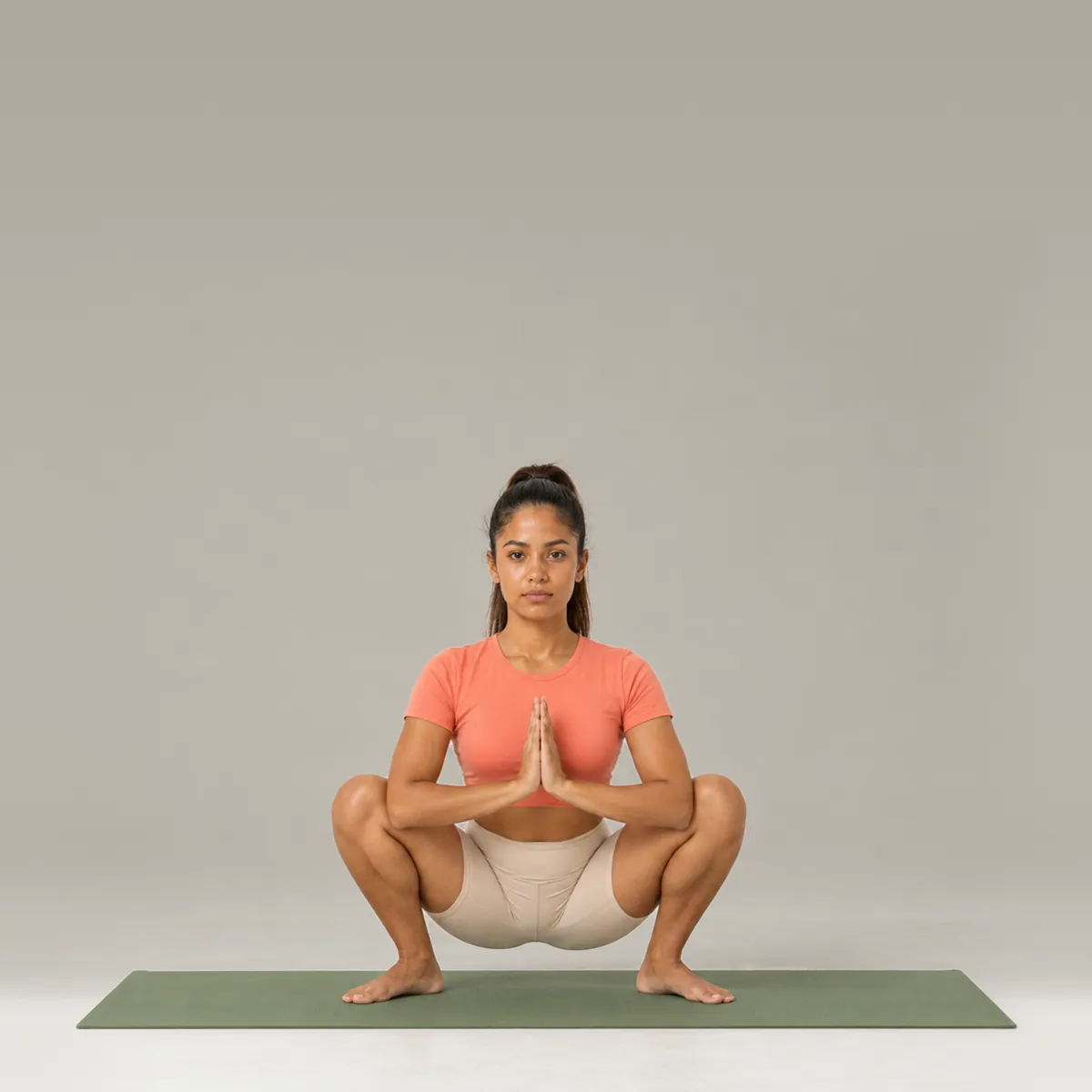 A woman in garland pose, a deep squat on a green yoga mat with palms together at her chest